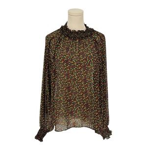 Gap Sheer Blouse Black Floral Smocked Neck Long Sleeve XL
